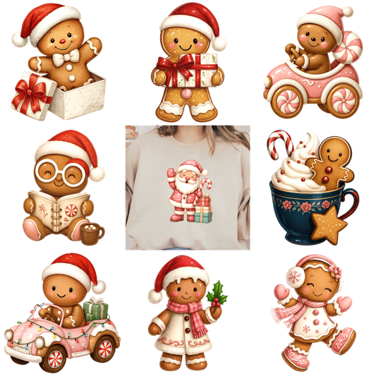 A delightful collection of festive gingerbread characters celebrating the holiday spirit!DTF Transfers