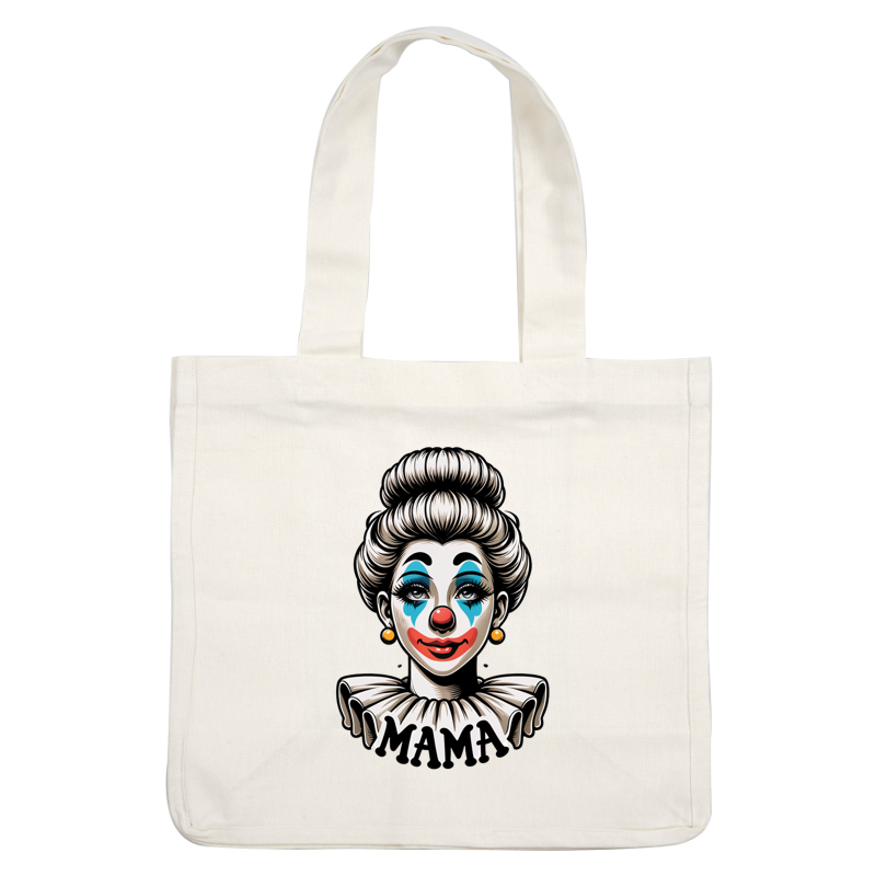 Una divertida ilustración de payaso que presenta un personaje alegre con un maquillaje vibrante y una pancarta de "MAMA", diseñada artísticamente.