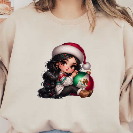 A charming girl in a festive sweater and Santa hat holds a vibrant ornament featuring the Mexican flag, celebrating the holiday spirit.DTF Transfers heat press transfers