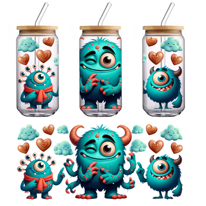 A colorful trio of cute cartoon monsters with playful expressions, surrounded by fluffy clouds and hearts, radiating joy and fun.UV Transfersdtf regular iron