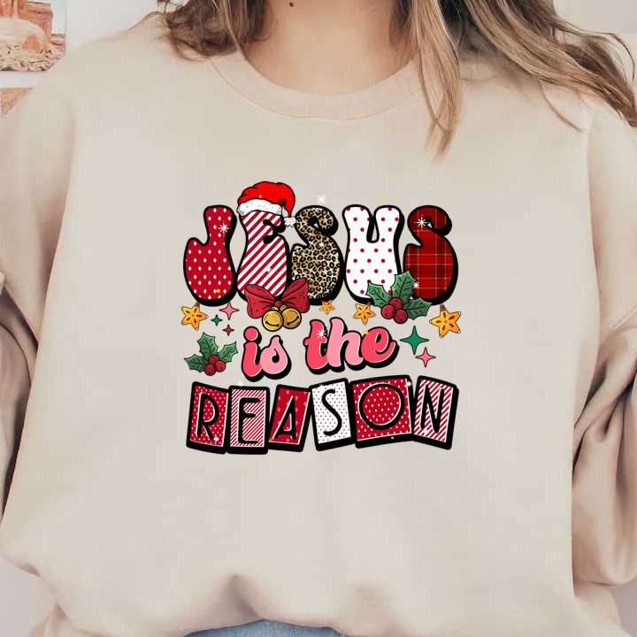 Alegre diseño navideño con el texto "Jesús es la razón" con patrones festivos, elementos navideños y colores vibrantes.