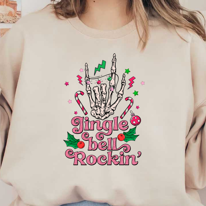 A festive design featuring a skeleton hand with holiday elements and the playful text "Jingle Bell Rockin’."dtf regular iron