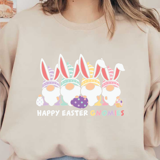 Colorful and cheerful Easter gnomes celebrate the holiday with bunny ears, decorated eggs, and a festive "Happy Easter" message.DTF Transfers