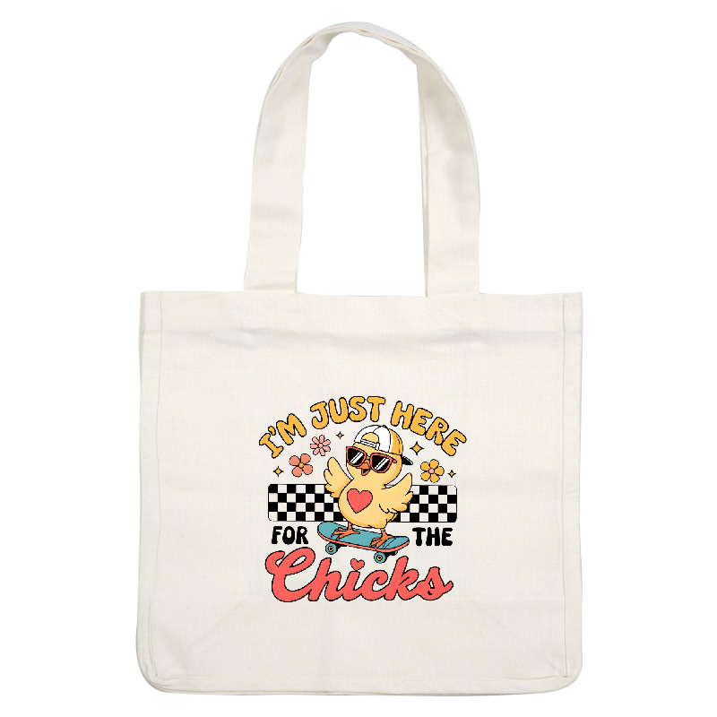 A cute cartoon chick wearing sunglasses and a cap rides a skateboard, accompanied by playful text about attracting attention.DTF Transfers