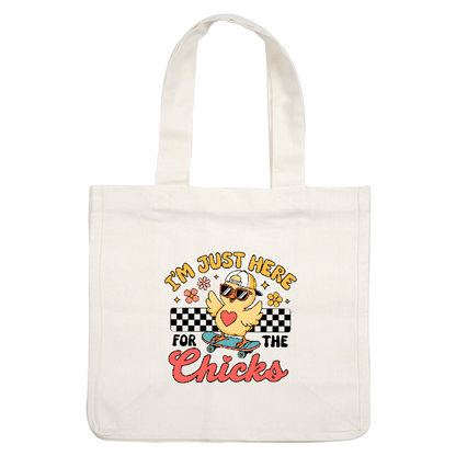 A cute cartoon chick wearing sunglasses and a cap rides a skateboard, accompanied by playful text about attracting attention.DTF Transfers