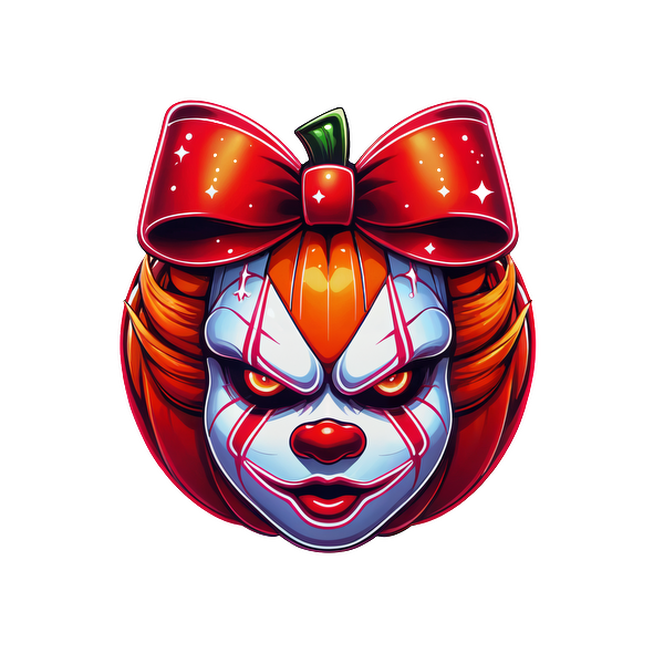 Una ilustración vibrante y espeluznante de una cara de payaso combinada con una calabaza, adornada con un gran lazo rojo.