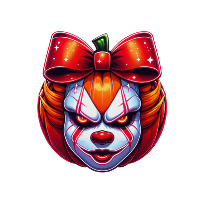 Una ilustración vibrante y espeluznante de una cara de payaso combinada con una calabaza, adornada con un gran lazo rojo.