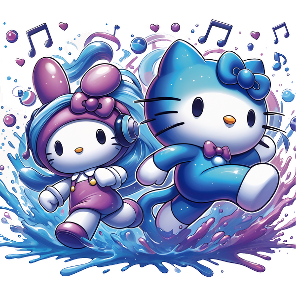 Hello Kitty and her friend are joyfully splashing through water, surrounded by musical notes, in vibrant, colorful outfits.DTF Transfersdtf regular iron dtf transfers