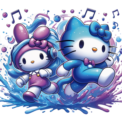 Hello Kitty and her friend are joyfully splashing through water, surrounded by musical notes, in vibrant, colorful outfits.DTF Transfersdtf regular iron dtf transfers