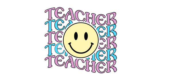 A graphic student backpack features a happy yellow face and the word "teacher" in bright colors.UV Transfers