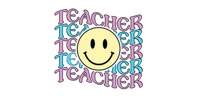 A graphic student backpack features a happy yellow face and the word "teacher" in bright colors.UV Transfers