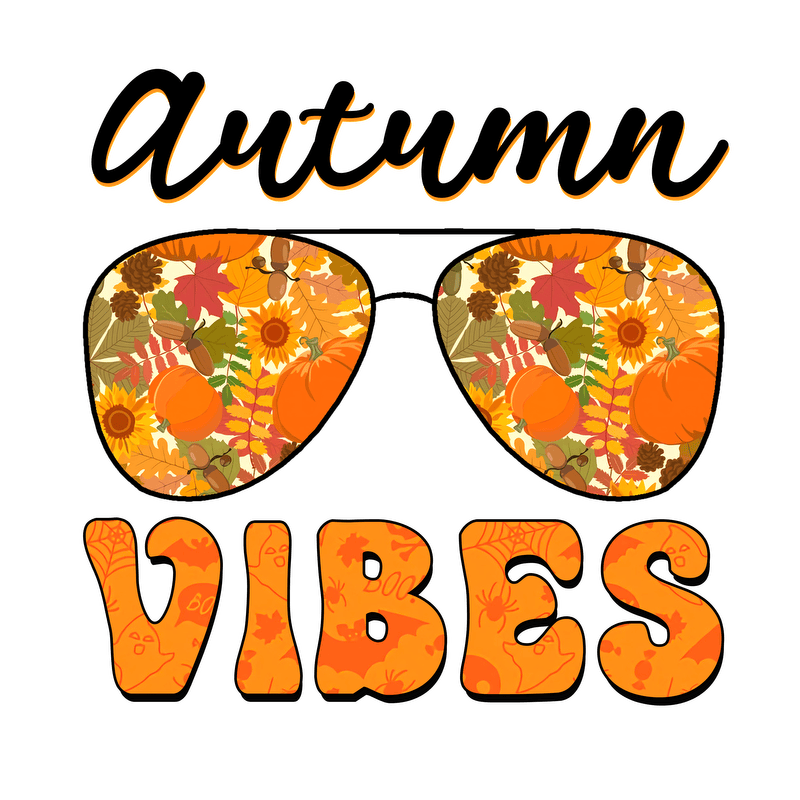 Fall-themed graphic featuring vibrant sunglasses filled with autumn leaves and pumpkins.DTF Transfers