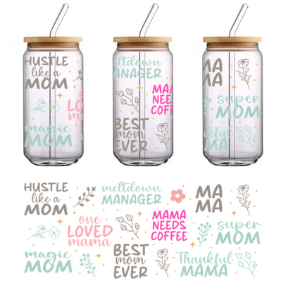 Una colorida colección de frases divertidas que celebran la maternidad, con diseños divertidos como "Hustle like a Mom" ​​y "Mama Needs Coffee". Transferencias UV