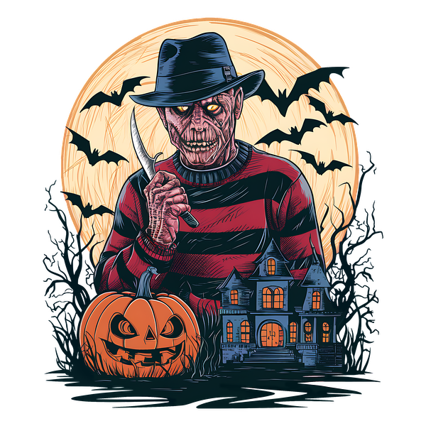 A spooky illustration featuring a menacing figure with a knife, a jack-o'-lantern, and an eerie haunted house against a full moon. dtf prints