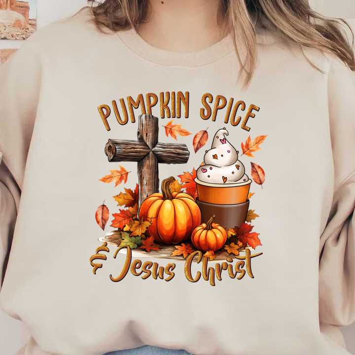 A festive autumn design featuring pumpkins, a wooden cross, and a swirl of ice cream, accented with colorful leaves. heat press transfers