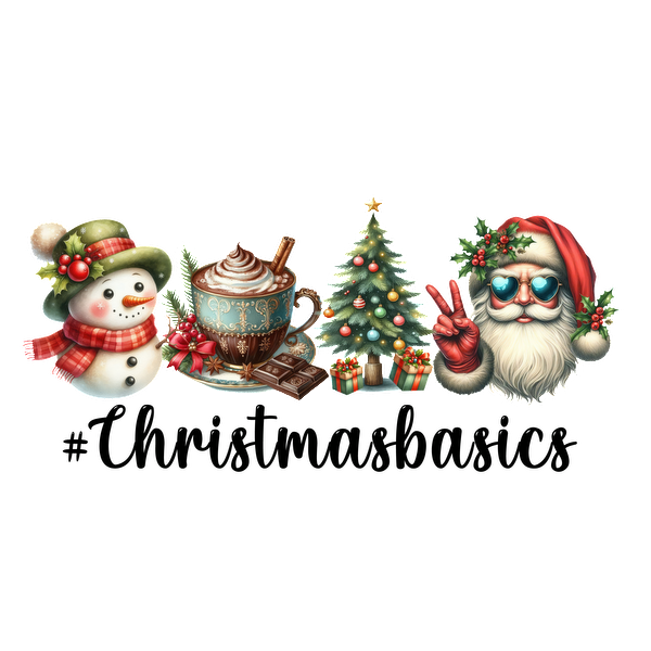 A festive collection featuring a cheerful snowman, hot chocolate, a decorated Christmas tree, and a jolly Santa Claus.dtf regular iron