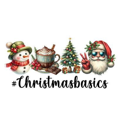 A festive collection featuring a cheerful snowman, hot chocolate, a decorated Christmas tree, and a jolly Santa Claus.dtf regular iron