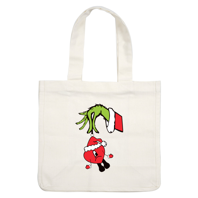 A whimsical illustration features a green Grinch-like hand playfully lifting a red ornament with a Santa hat, expressing frustration.DTF Transfers dtf transfersdtf regular iron