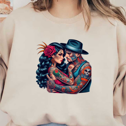 A vibrant couple embraces, showcasing intricate tattoos and stylish attire, emphasizing a blend of love and artistry.DTF Transfers dtf prints