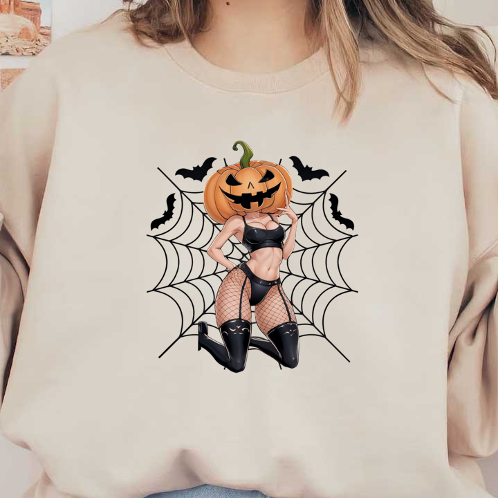 Una divertida ilustración con temática de Halloween que presenta a una mujer en lencería con cabeza de calabaza y medias de rejilla, sobre un fondo espeluznante.