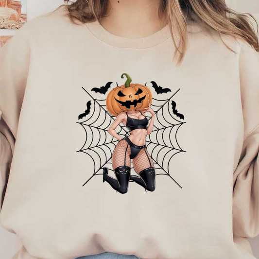 Una divertida ilustración con temática de Halloween que presenta a una mujer en lencería con cabeza de calabaza y medias de rejilla, sobre un fondo espeluznante.