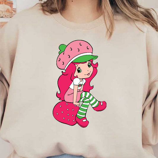 Meet the cheerful Strawberry Shortcake, sporting a strawberry-themed hat, pink hair, and whimsical striped stockings, ready for fun adventures!DTF Transfers