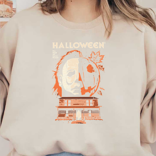 Spooky Halloween-themed artwork featuring a haunted house, a chilling mask, and a pumpkin, perfect for horror fans.