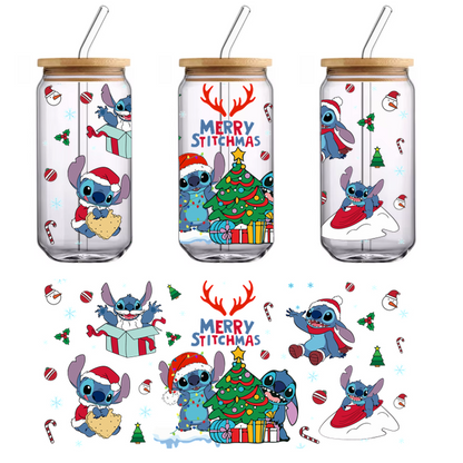 Celebrate the holiday season with this cheerful "Merry Stitchmas" artwork featuring Stitch in festive scenes with gifts, a Christmas tree, and winter fun!UV Transfers dtf transfers