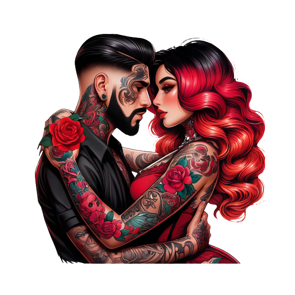 A striking couple embraces, showcasing vibrant tattoos adorned with roses, highlighting their artistic styles and passionate connection.DTF Transfers dtf transfers