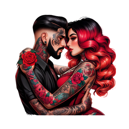 A striking couple embraces, showcasing vibrant tattoos adorned with roses, highlighting their artistic styles and passionate connection.DTF Transfers dtf transfers