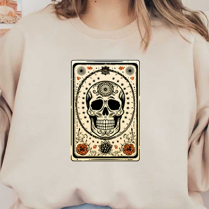 Una ilustración decorativa que presenta una calavera rodeada de elementos florales y diseños intrincados, perfecta para Halloween o el Día de los Muertos.