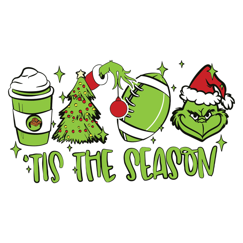 Celebrate the holiday spirit with this playful graphic featuring a festive drink, Christmas tree, football, and the Grinch!DTF Transfers heat press transfers heat press transfers