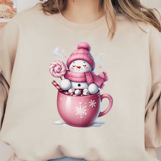 A charming snowman in a pink scarf and hat happily floats in a pink mug filled with hot cocoa and marshmallows. heat press transfers