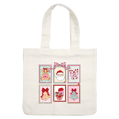 A cheerful collection of six festive stamps featuring holiday symbols and characters.DTF Transfers