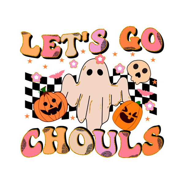 Celebrate Halloween with this playful "Let's Go Chouls" design featuring a friendly ghost, pumpkins, and cheerful skulls! dtf prints