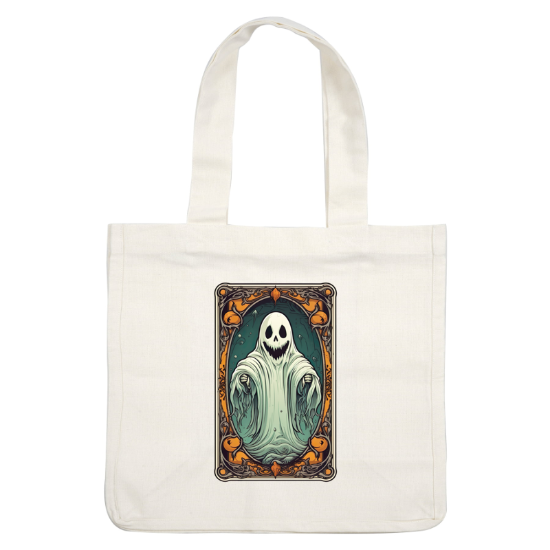 A playful ghost character with a skull face and flowing, translucent robes, framed in an ornate, colorful border.dtf regular iron