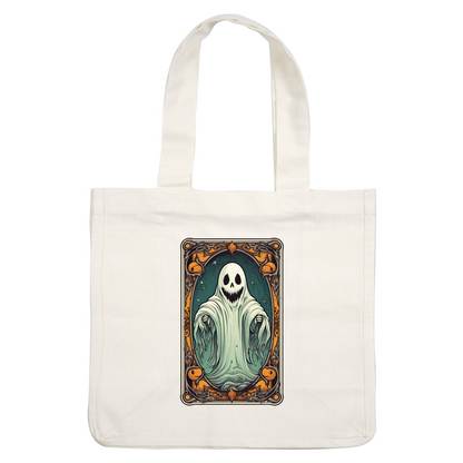 A playful ghost character with a skull face and flowing, translucent robes, framed in an ornate, colorful border.dtf regular iron