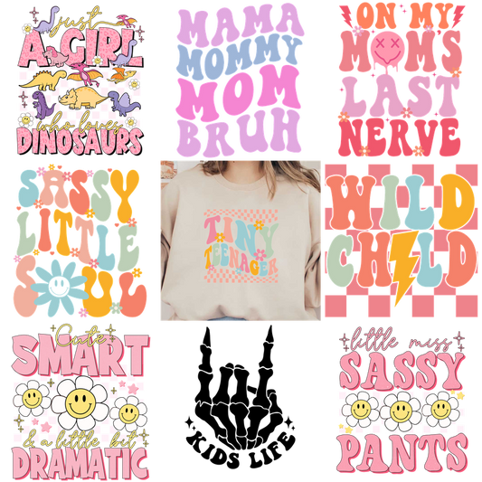 A white cotton shirt with a colorful "Tiny Teenager" print.DTF Transfers