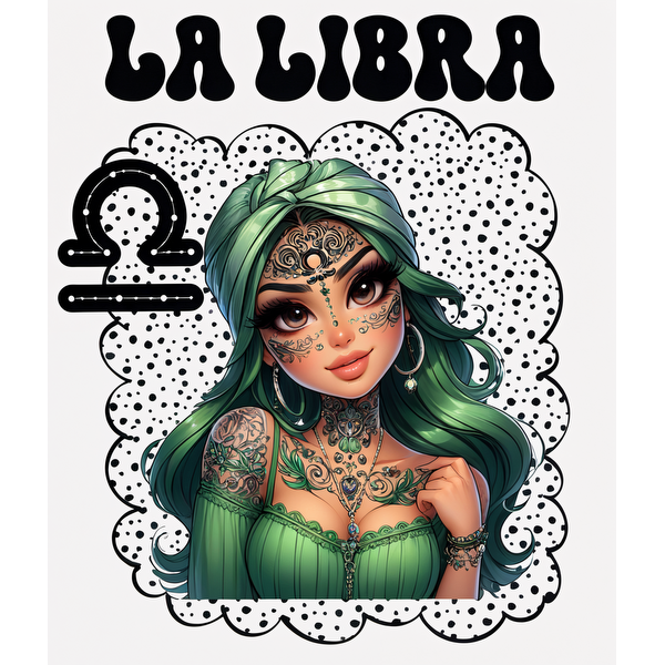 Una ilustración vibrante de una mujer con cabello verde y tatuajes intrincados, que representa el signo astrológico Libra, titulada "La Libra".