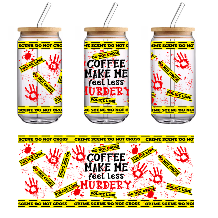 A dramatic crime scene design featuring yellow "Do Not Cross" tape and red handprints, emphasizing a dark, intriguing theme.UV Transfers heat press transfers