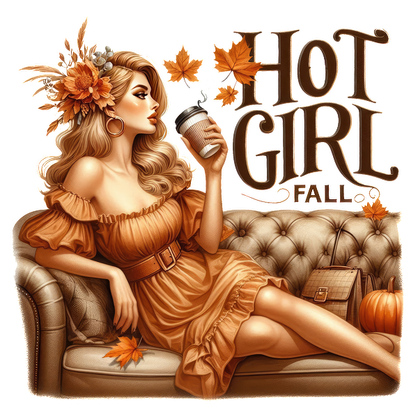 A stylish woman in a cozy fall setting sips coffee, wearing a chic, orange dress adorned with autumn decor. heat press transfers