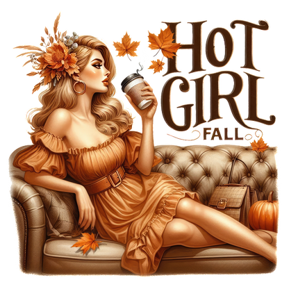 A stylish woman in a cozy fall setting sips coffee, wearing a chic, orange dress adorned with autumn decor. heat press transfers