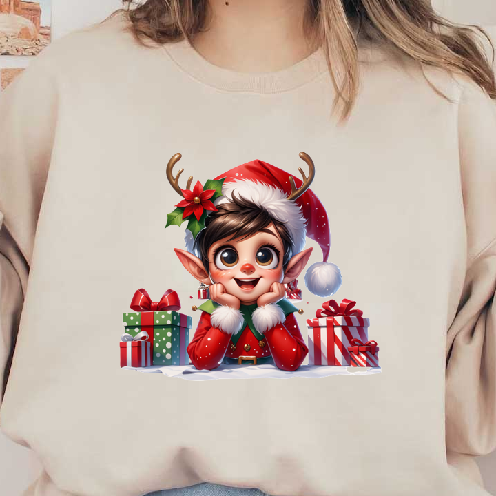 A cheerful elf in a festive outfit, complete with a Santa hat and antlers, surrounded by colorful holiday gifts.DTF Transfers heat press transfers