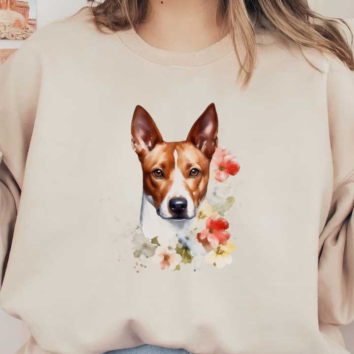 Un hermoso retrato en acuarela de un perro Basenji rodeado de flores pastel, capturando su mirada expresiva y su espíritu juguetón.