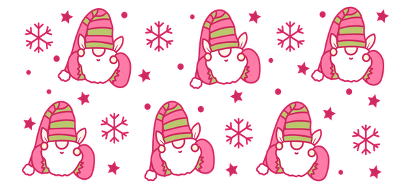 A cheerful pattern featuring cute, pink, cartoon-style creatures wearing striped hats surrounded by snowflakes and stars, perfect for holiday themes.UV Transfers