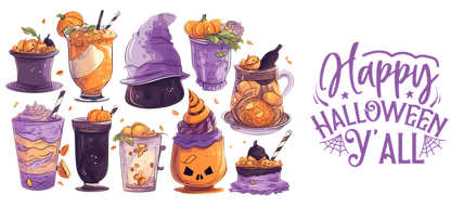 Una colección festiva de bebidas y golosinas coloridas con temática de Halloween, completa con diseños divertidos y un alegre mensaje "Feliz Halloween a todos". Transferencias UV