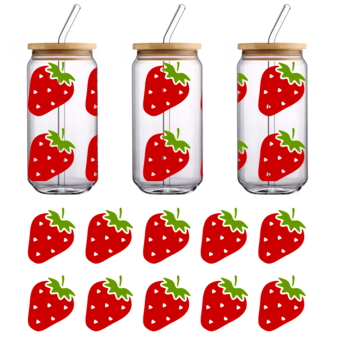 A colorful pattern of bright red strawberries, each topped with green leaves, perfect for a cheerful design.UV Transfersdtf regular iron