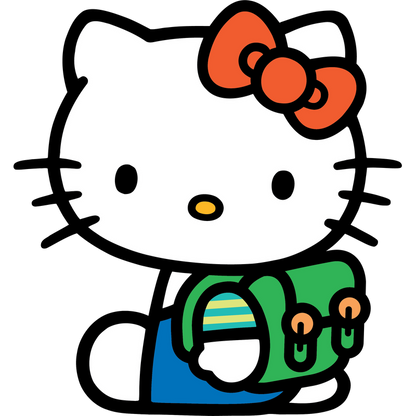 Hello Kitty is dressed in a cute outfit with a vibrant orange bow and is carrying a colorful green backpack.DTF Transfers