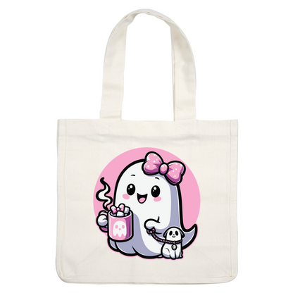 Cute ghost character with a pink bow, holding a steaming mug and walking a small puppy, set against a pink background.dtf regular iron