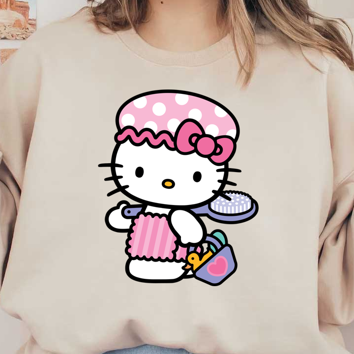 Adorable Hello Kitty is ready for fun with her pink polka dot hat, apron, and a basket featuring a cute duckling!DTF Transfers